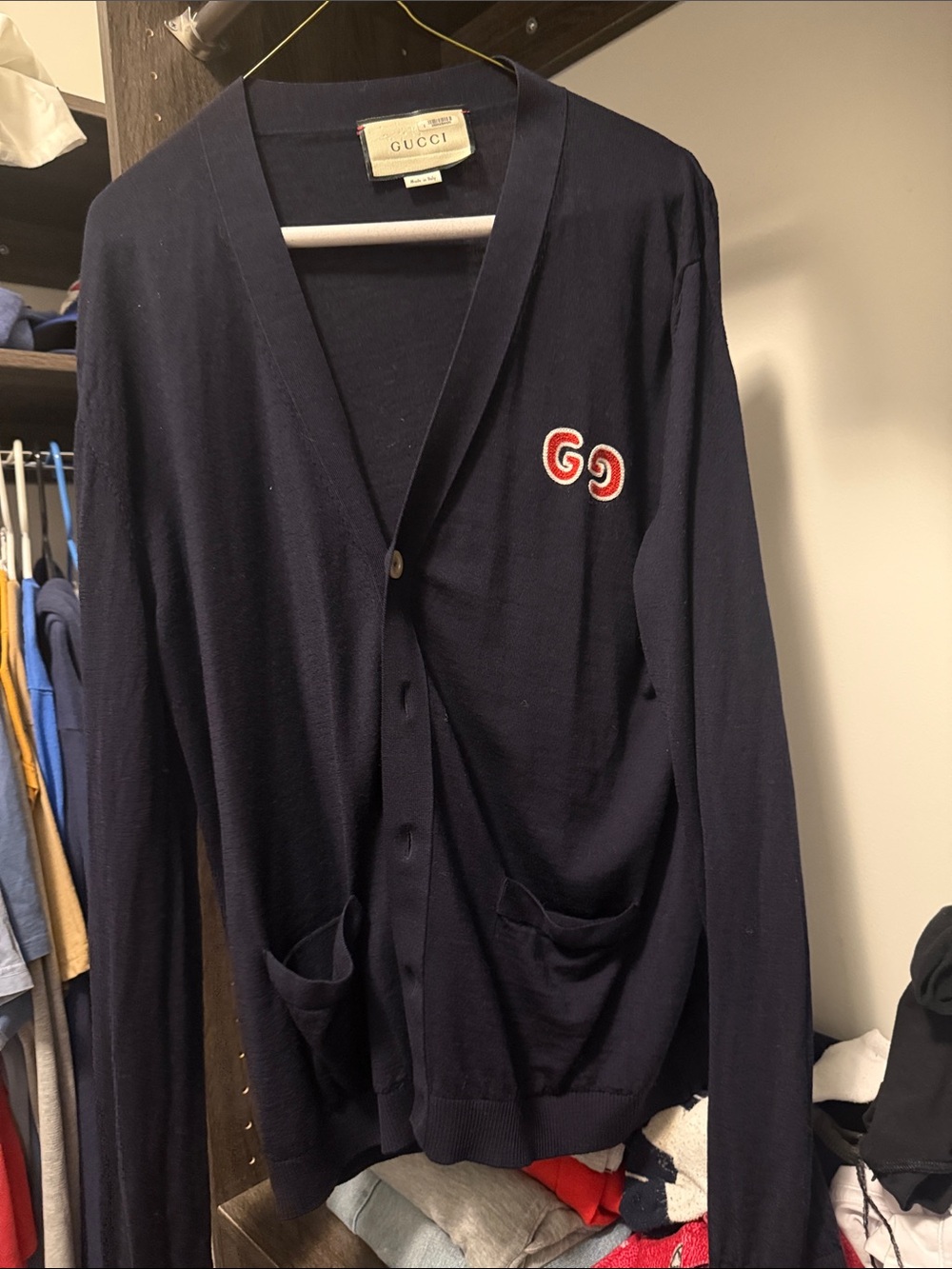 Gucci Navy Blue Knit Cardigan with Red GG Patch